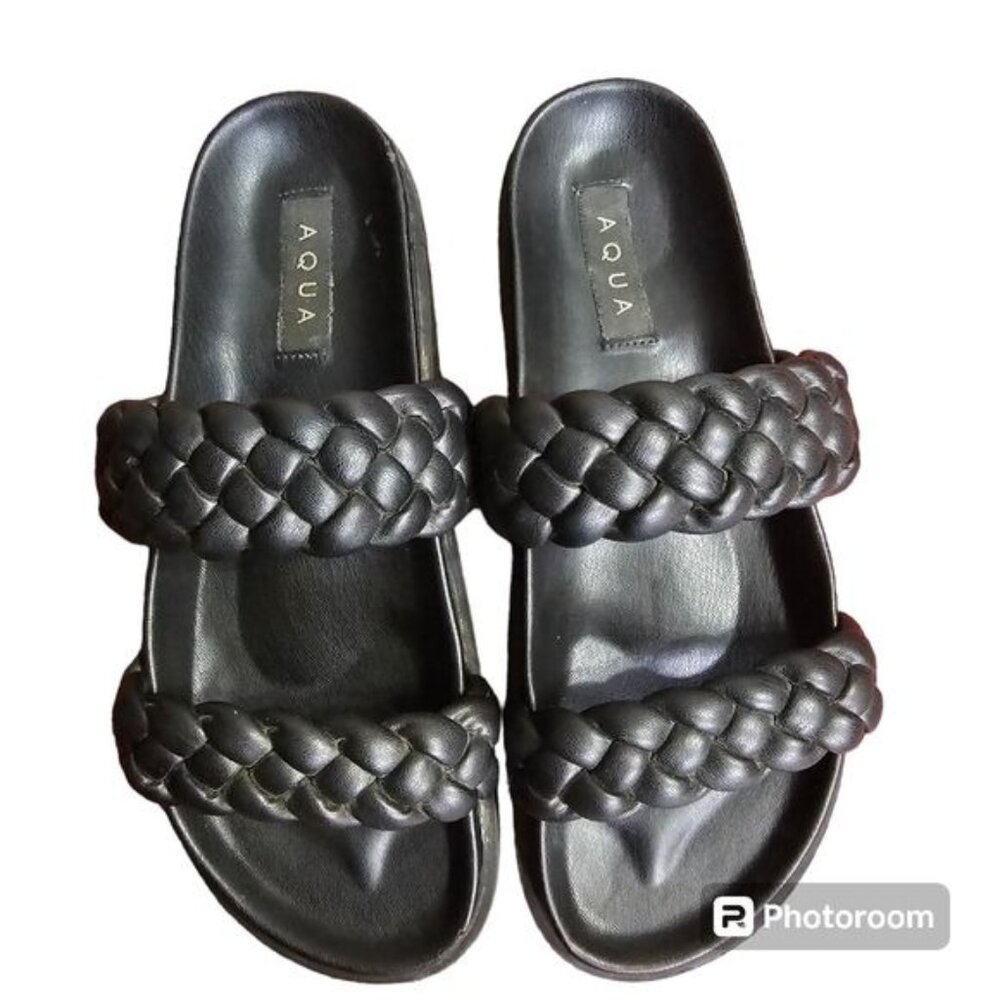 Aqua‎ Chunky Braided Platform Slide Sandals 10 Black Faux Leather Casual Comfy